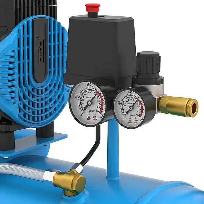 Güde Flüsterkompressor Airpower 270/8/50 Silent - 1.500 W, Max. Druck: 8 bar, 50 l, Schmierung: Ohne - Blaues und schwarzes Kompressor-Bedienfeld mit zwei Manometern, Druckregler und Messinganschluss.