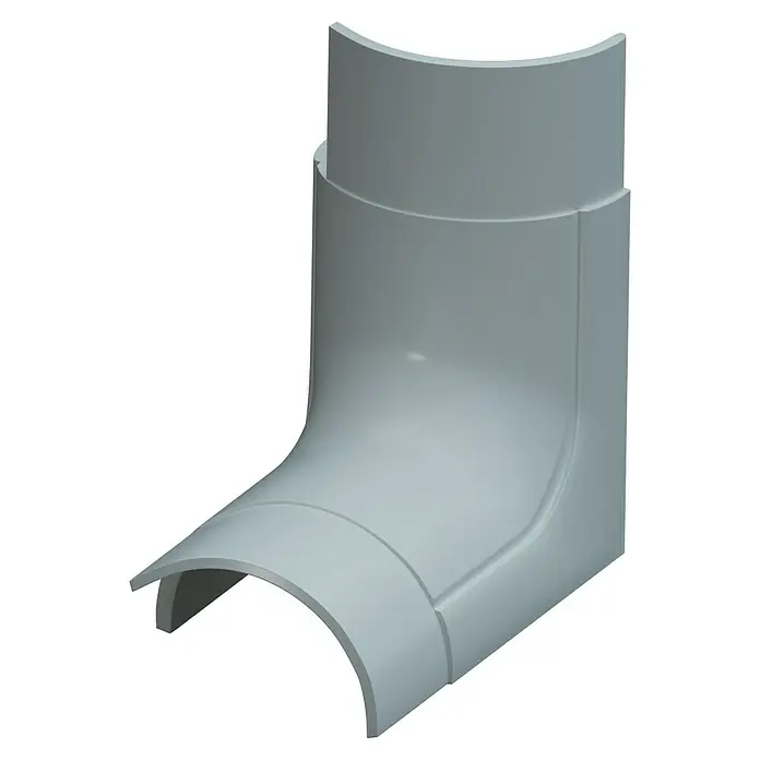 D-Line Kabelkanal-Zubehörkit - Weiß, Passend für: D-Line Kabelkanal 30 x 15 mm - Blick auf ein graues, gebogenes 90-Grad-PVC-Rohrstück, das für Sanitäranwendungen geeignet ist und sich vor einem schwarzen Hintergrund befindet.
