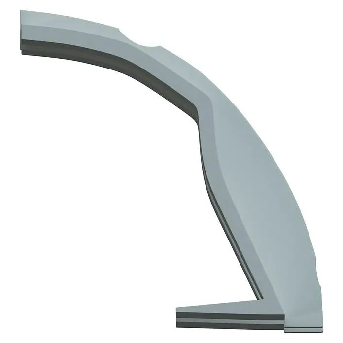 D-Line Kabelkanal-Zubehörkit - Weiß, Passend für: D-Line Kabelkanal 22 x 22 mm - Das Bild zeigt ein detailreiches, gebogenes, graues Architekturelement auf schwarzem Hintergrund. Die Form erinnert an ein stilisiertes Fenster oder Torbogen.