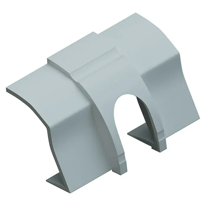 D-Line Kabelkanal-Zubehörkit - Weiß, Passend für: D-Line Kabelkanal 22 x 22 mm - Ein detailliertes Bild eines grauen 3D-gedruckten Produkts mit markanten Kurven und geometrischen Formen vor schwarzem Hintergrund.
