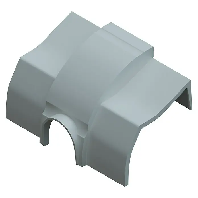 D-Line Kabelkanal-Zubehörkit - Weiß, Passend für: D-Line Kabelkanal 22 x 22 mm - Eine detaillierte 3D-Darstellung eines grauen, geformten Kunststoffteils, das eine industrielle oder architektonische Komponente sein könnte.