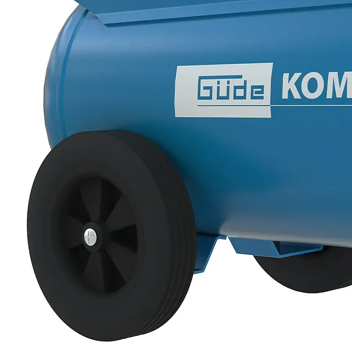 Güde Kompressor 415/10/50 - 2.200 W, Max. Druck: 10 bar, 50 l, Schmierung: Ölgeschmiert - Blauer Luftkompressor mit schwarzen Rädern und weißem Logo.