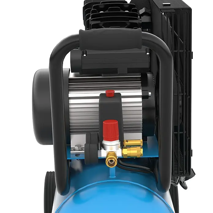 Güde Kompressor 415/10/50 - 2.200 W, Max. Druck: 10 bar, 50 l, Schmierung: Ölgeschmiert - Blauer Luftkompressor mit schwarzem Griff, Motor und Lüftergitter, mit silbernem Motorgehäuse und rotem Druckregler.