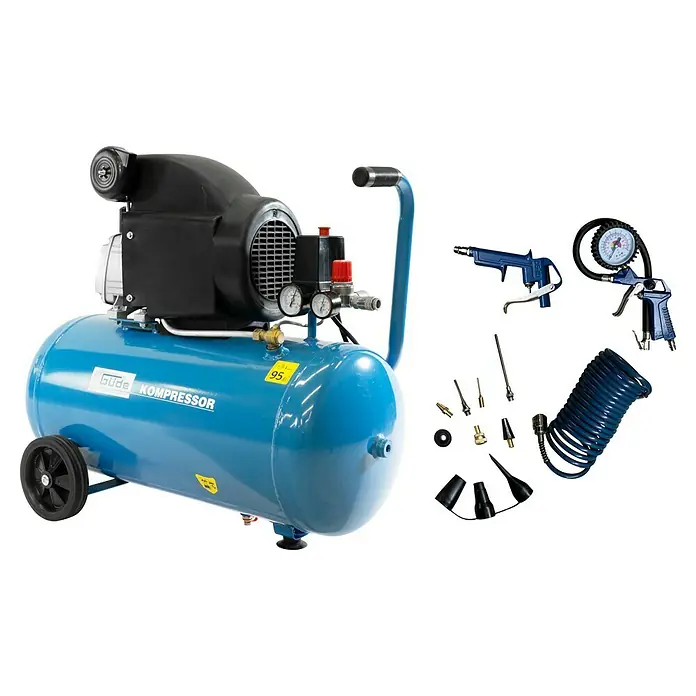 Güde Kompressor Set 301/10/50 - 1.800 W, Max. Druck: 10 bar, 50 l, Schmierung: Ölgeschmiert - Blauer Luftkompressor mit schwarzem Motor und Tank, dazu blaue Druckluftwerkzeuge, Spiralschlauch und verschiedene Düsen.