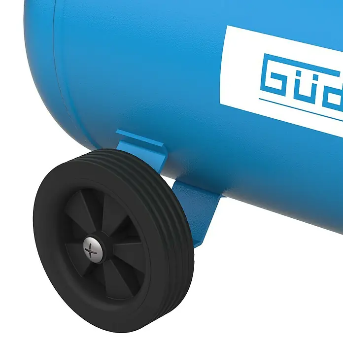 Güde Kompressor 580/10/100 H/ 400V - 3.000 W, Max. Druck: 10 bar, 100 l, Schmierung: Ölgeschmiert - Blauer Luftkompressorbehälter mit einem schwarzen Rad, der einen Teil seines Mobilitätsdesigns zeigt.