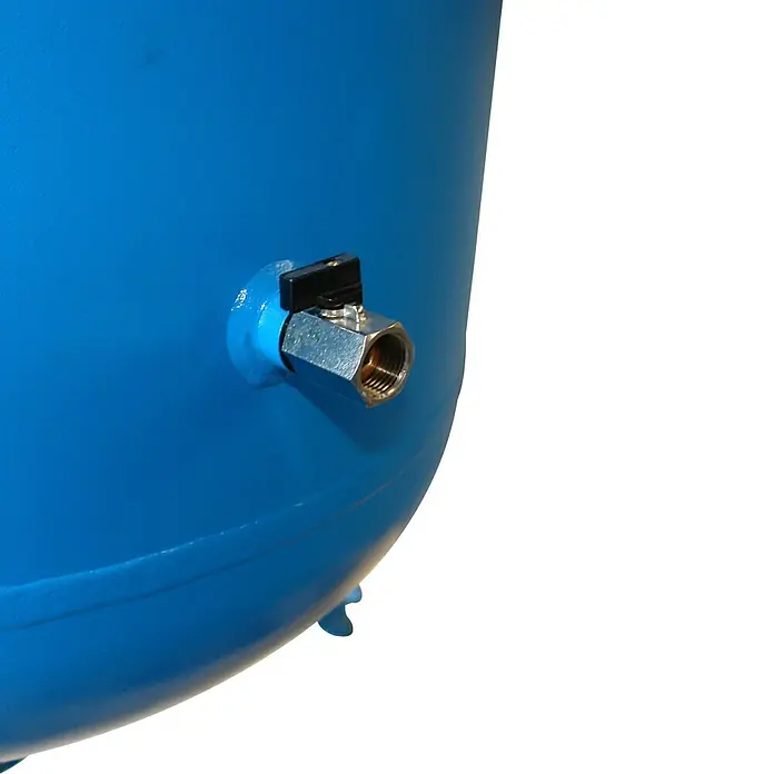 Güde Kompressor 800/11/270 ST - 4.000 W, Max. Druck: 11 bar, 270 l, Schmierung: Ölgeschmiert - Blauer Druckbehälter mit einem metallenen Ablassventil und schwarzem Griff.