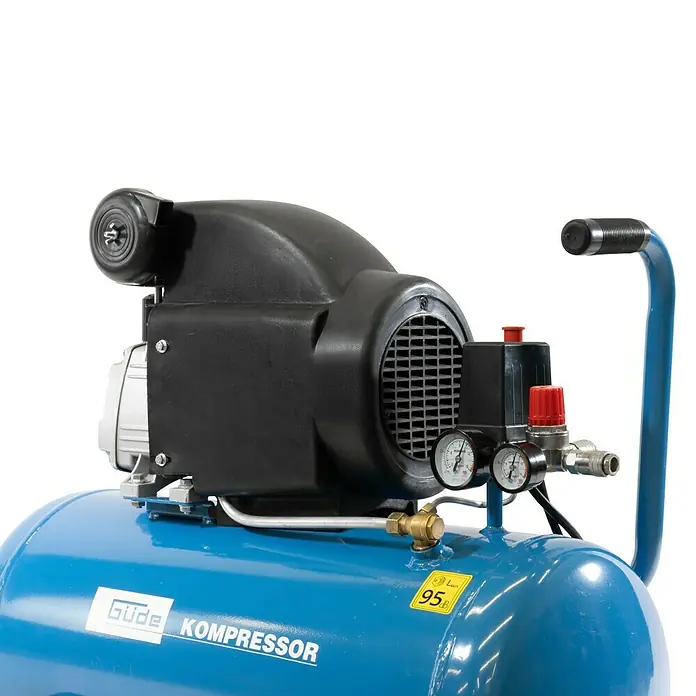 Güde Kompressor Set 301/10/50 - 1.800 W, Max. Druck: 10 bar, 50 l, Schmierung: Ölgeschmiert - Blauer Güde Kompressor mit schwarzem Motorgehäuse, Manometern und stabilem Griff.