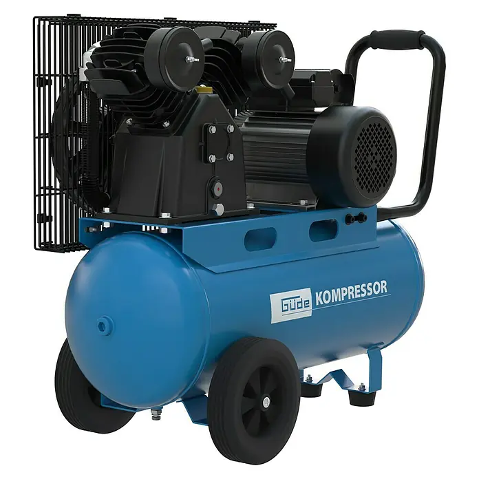 Güde Kompressor 415/10/50 - 2.200 W, Max. Druck: 10 bar, 50 l, Schmierung: Ölgeschmiert - Blauer Luftkompressor mit schwarzen Komponenten, Rädern und Griff, mit „Güde Kompressor“-Branding.