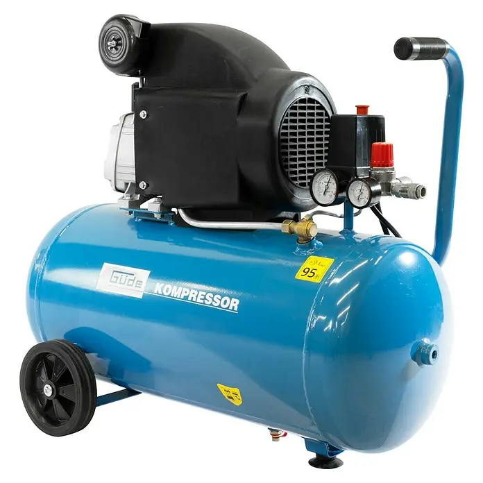Güde Kompressor Set 301/10/50 - 1.800 W, Max. Druck: 10 bar, 50 l, Schmierung: Ölgeschmiert - Blauer Luftkompressor mit schwarzem Motor, Rädern, blauem Griff, Manometern und rotem Druckregler.