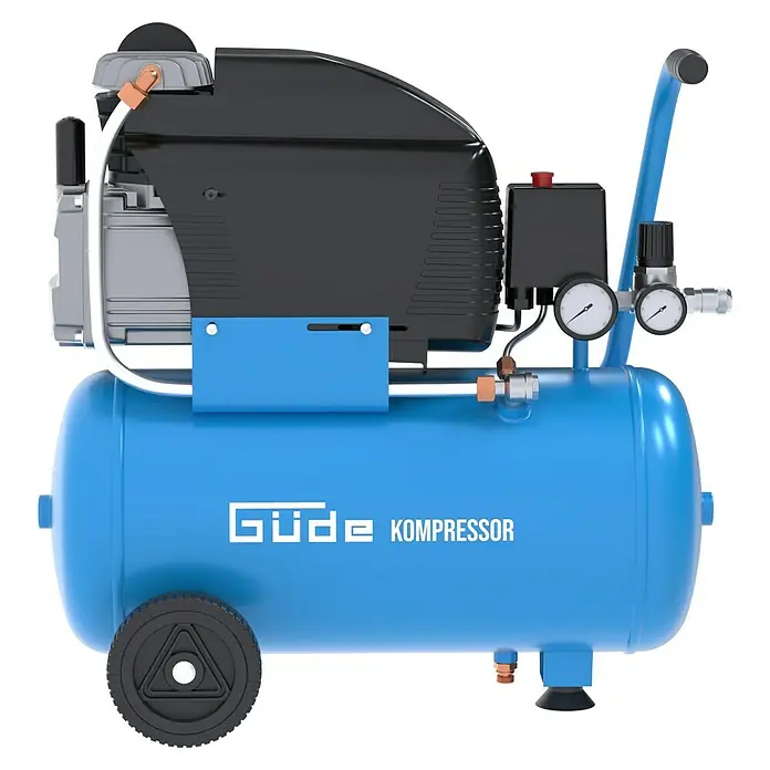 Güde Kompressor 231/10/24 - 1.500 W, Max. Druck: 10 bar, 24 l, Schmierung: Ölgeschmiert - Blauer Luftkompressor mit schwarzem Motor, Manometern und Rädern.