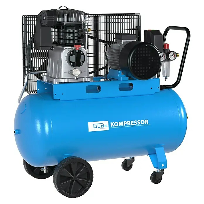 Güde Kompressor 700/10/100 - 4.000 W, Max. Druck: 10 bar, 100 l, Schmierung: Ölgeschmiert - Blauer Güde Luftkompressor auf Rädern mit schwarzem Schutzgitter, Motor, Manometern und Griff.