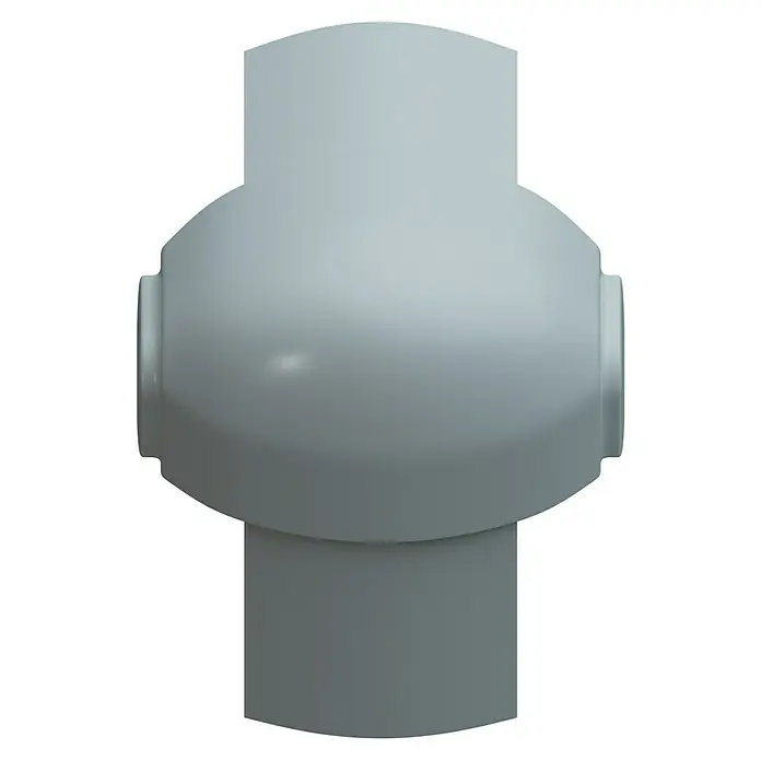 D-Line Kabelkanal-Zubehörkit - Weiß, Passend für: D-Line Kabelkanal 16 x 8 mm - Nahaufnahme eines hellgrauen, zylindrischen Kunststoff-T-Stücks, das für Sanitäranwendungen oder industrielle Rohrleitungssysteme geeignet ist.