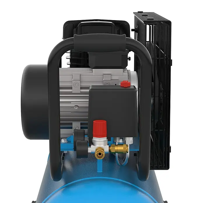 Güde Kompressor 580/10/100 H/ 400V - 3.000 W, Max. Druck: 10 bar, 100 l, Schmierung: Ölgeschmiert - Blauer Luftkompressor mit schwarzem Griff, silbernem Motor, rotem Regler und einem Lüfter an der Seite.