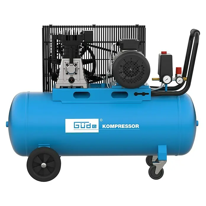 Güde Kompressor 580/10/100 H/ 400V - 3.000 W, Max. Druck: 10 bar, 100 l, Schmierung: Ölgeschmiert - Blauer, horizontaler Luftkompressor mit schwarzem Motor, Pumpeneinheit, Manometern und Rädern.