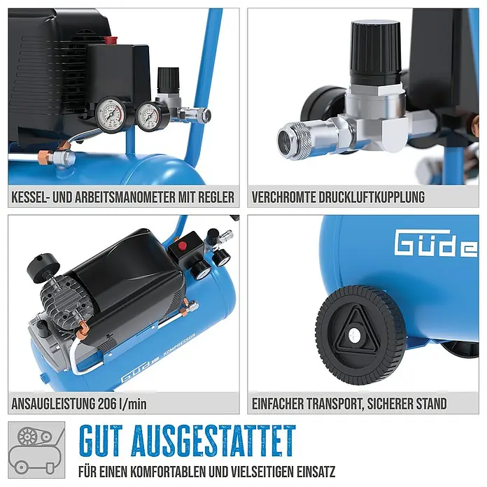 Güde Kompressor 231/10/24 - 1.500 W, Max. Druck: 10 bar, 24 l, Schmierung: Ölgeschmiert - Blauer Güde Kompressor mit schwarzen und silbernen Details, Manometern, Regler und Rädern für einfachen Transport.