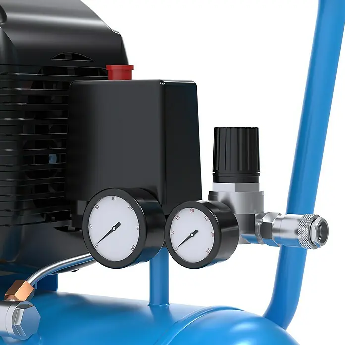 Güde Kompressor 231/10/24 - 1.500 W, Max. Druck: 10 bar, 24 l, Schmierung: Ölgeschmiert - Nahaufnahme eines blauen Luftkompressors mit schwarzer Steuereinheit, Manometern, Luftregler und Schnellkupplung.