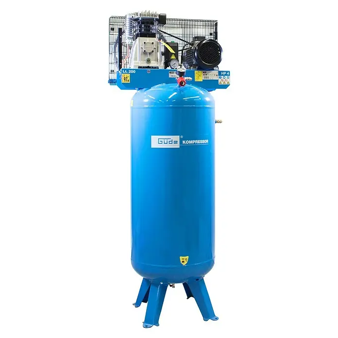 Güde Kompressor 480/10/200 ST - 3.000 W, Max. Druck: 10 bar, 200 l, Schmierung: Ölgeschmiert - Blauer, vertikaler Luftkompressor mit Tank und Motoreinheit oben.