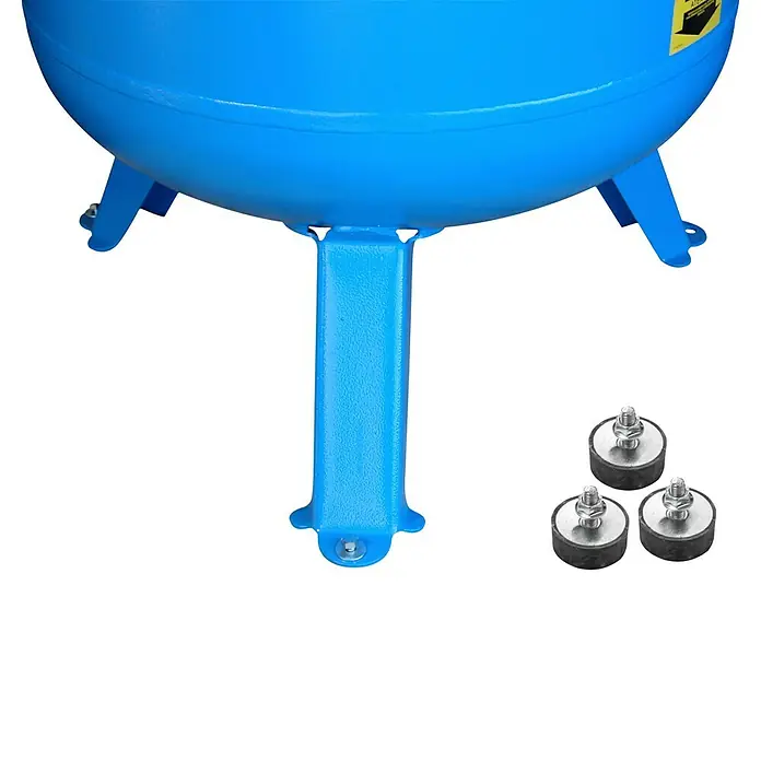 Güde Kompressor 800/11/270 ST - 4.000 W, Max. Druck: 11 bar, 270 l, Schmierung: Ölgeschmiert - Blauer Druckbehälter mit integrierten Füßen und drei schwarzen Gummi-Schwingungsdämpfern mit Metallbolzen.