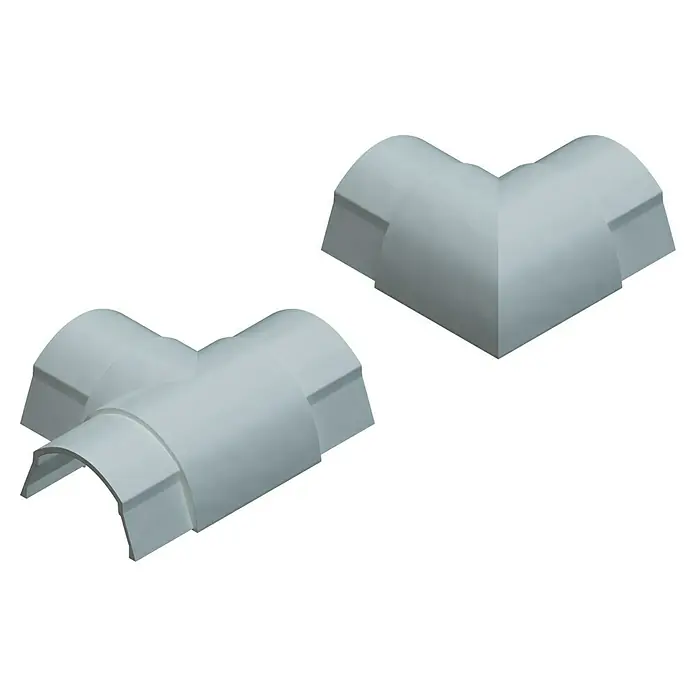 D-Line Kabelkanal-Zubehörkit - Weiß, Passend für: D-Line Kabelkanal 50 x 25 mm - Bild von weißen Kabelkanälecken: Ein 90-Grad-Winkel und ein T-Stück für die organisierte Kabelführung im Haus oder Büro.