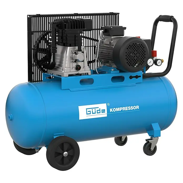 Güde Kompressor 580/10/100 H/ 400V - 3.000 W, Max. Druck: 10 bar, 100 l, Schmierung: Ölgeschmiert - Blauer Luftkompressor mit schwarzen Rädern, Griff und Motor. Verfügt über silberne Pumpenbaugruppe und Manometer.