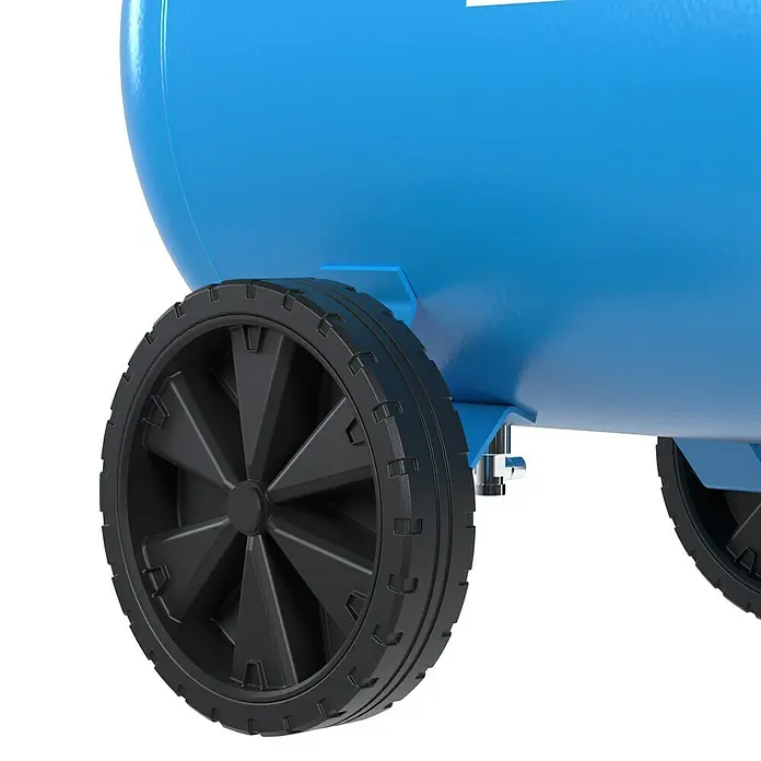 Güde Kompressor 700/10/100 - 4.000 W, Max. Druck: 10 bar, 100 l, Schmierung: Ölgeschmiert - Teilansicht eines blauen Luftkompressor-Tanks mit schwarzem Rad.