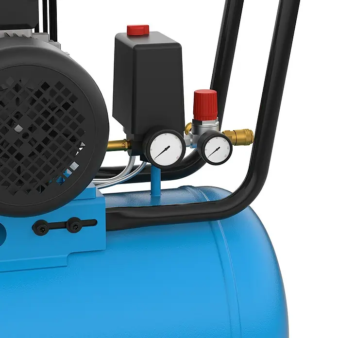 Güde Kompressor 580/10/100 H/ 400V - 3.000 W, Max. Druck: 10 bar, 100 l, Schmierung: Ölgeschmiert - Nahaufnahme eines blauen Luftkompressors mit schwarzem Motor, Steuerbox, Manometern und schwarzem Rahmen.