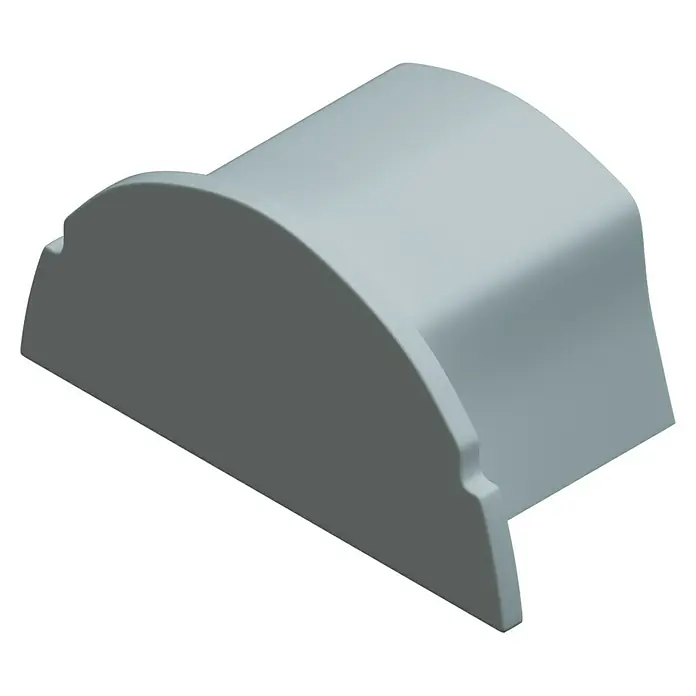 D-Line Kabelkanal-Zubehörkit - Weiß, Passend für: D-Line Kabelkanal 16 x 8 mm - Ein hellgraues, gebogenes Kunststoffteil, das wie eine Abdeckung oder ein Gehäuse aussieht, mit abgerundeten Kanten und einer Aussparung an der Seite.