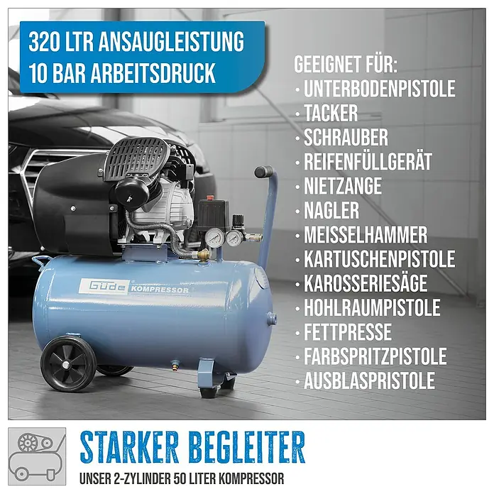 Güde Kompressor 405/10/50 15 TLG - 2.200 W, Max. Druck: 10 bar, 50 l, Schmierung: Ölgeschmiert - Blauer 2-Zylinder 50-Liter Kompressor mit 10 Bar Arbeitsdruck für diverse Werkzeuge, im Werkstattumfeld.