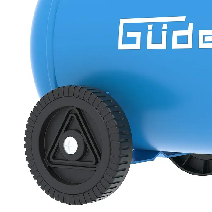 Güde Kompressor 231/10/24 - 1.500 W, Max. Druck: 10 bar, 24 l, Schmierung: Ölgeschmiert - Seitenansicht eines blauen Luftkompressors mit schwarzem Gummirad und weißem Güde-Logo am Tank.