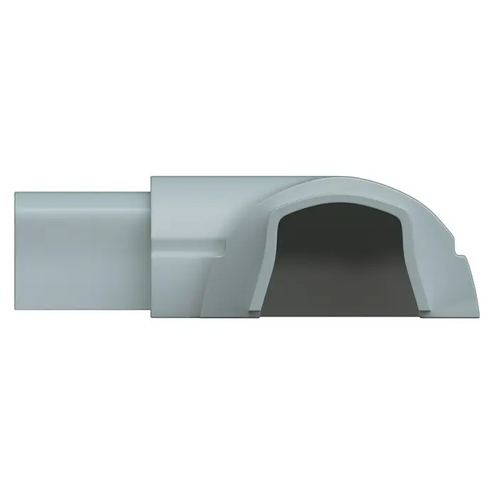 D-Line Kabelkanal-Zubehörkit - Weiß, Passend für: D-Line Kabelkanal 16 x 8 mm - Nahaufnahme eines weißen Kunststoff-Rohrverbinders, der einen Bogen mit Öffnung zeigt, ideal für Sanitär- oder Bauanwendungen.