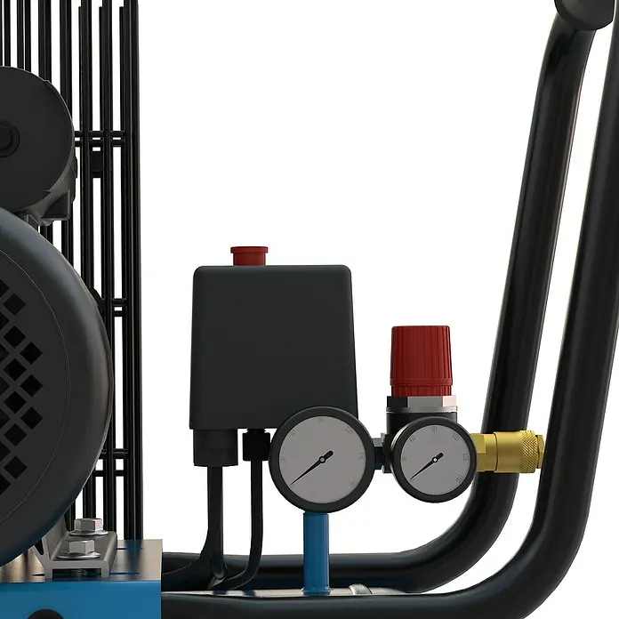Güde Kompressor 415/10/50 - 2.200 W, Max. Druck: 10 bar, 50 l, Schmierung: Ölgeschmiert - Nahaufnahme einer Kompressor-Bedientafel mit zwei Manometern, rotem Regler und schwarzem Druckschalter mit rotem Knopf.
