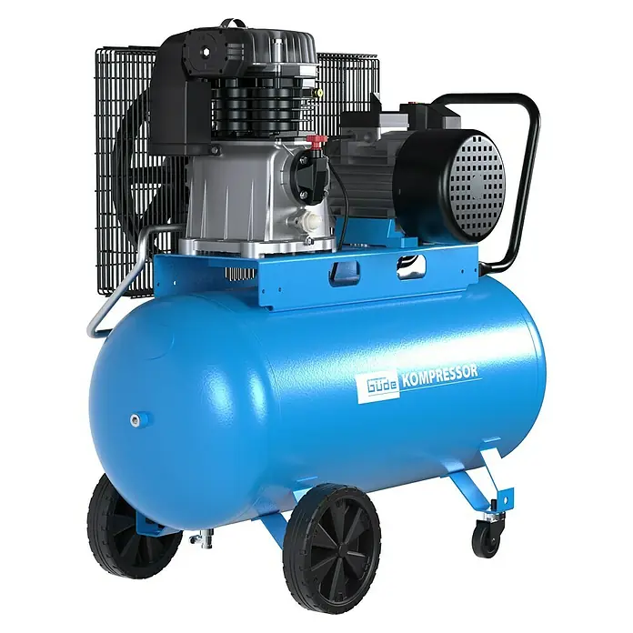 Güde Kompressor 700/10/100 - 4.000 W, Max. Druck: 10 bar, 100 l, Schmierung: Ölgeschmiert - Tragbarer blauer Kompressor mit schwarzen Rädern, Motor und silberner Pumpe, ausgestattet mit einem Griff.