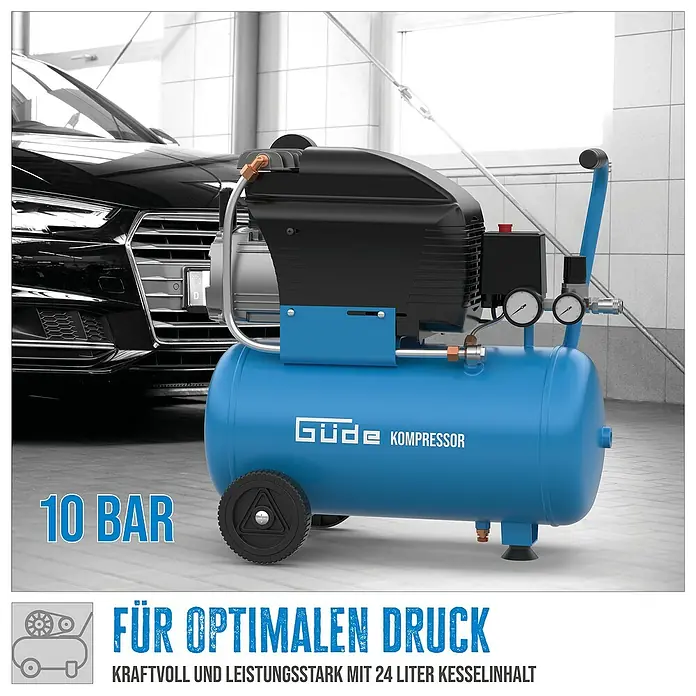 Güde Kompressor 231/10/24 - 1.500 W, Max. Druck: 10 bar, 24 l, Schmierung: Ölgeschmiert - Blauer Güde Kompressor, 10 BAR, mit schwarzen Akzenten und Rädern, in einer Werkstatt neben einem schwarzen Auto.