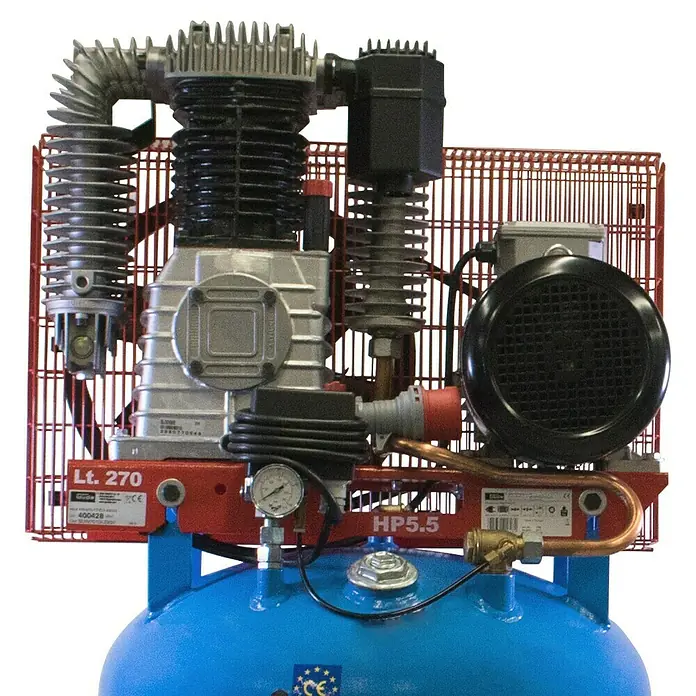 Güde Kompressor 800/11/270 ST - 4.000 W, Max. Druck: 11 bar, 270 l, Schmierung: Ölgeschmiert - Blauer Luftkompressor mit rotem Rahmen, silberner Kompressoreinheit und schwarzem Motor.