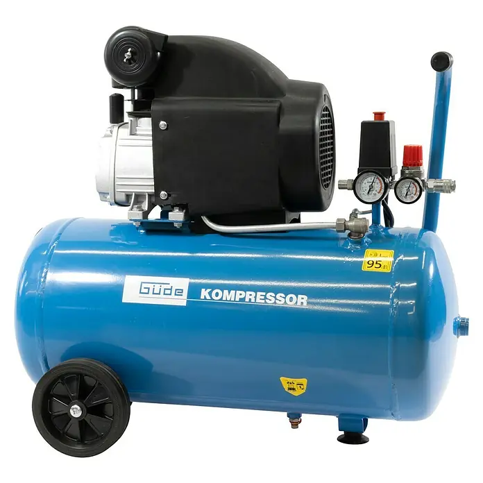Güde Kompressor Set 301/10/50 - 1.800 W, Max. Druck: 10 bar, 50 l, Schmierung: Ölgeschmiert - Blauer Luftkompressor mit schwarzem Motor, Manometern, Rädern und Griff.