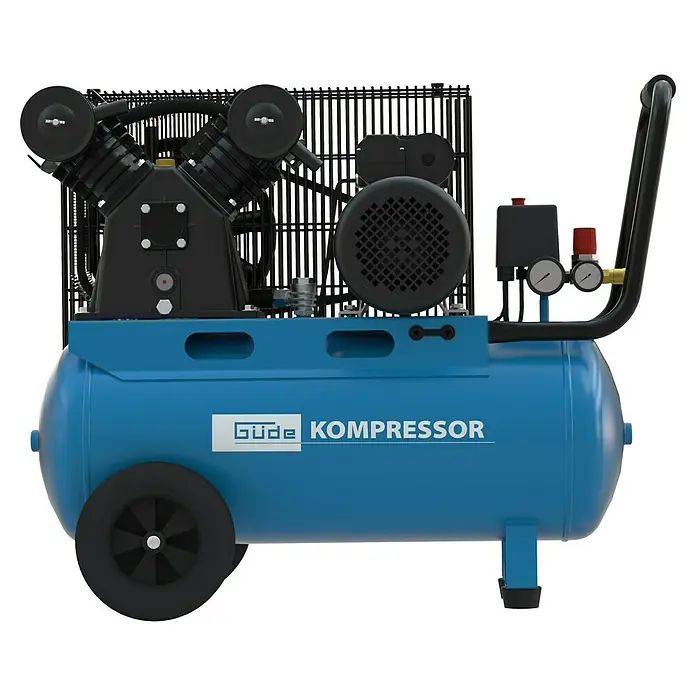 Güde Kompressor 415/10/50 - 2.200 W, Max. Druck: 10 bar, 50 l, Schmierung: Ölgeschmiert - Blauer Kompressor mit schwarzem Motor, Pumpe, Schutzgitter, Manometern, Rädern und Griff.