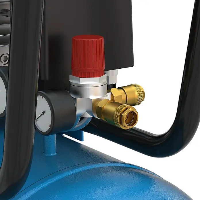 Güde Kompressor 580/10/100 H/ 400V - 3.000 W, Max. Druck: 10 bar, 100 l, Schmierung: Ölgeschmiert - Nahaufnahme eines Kompressors mit blauem Tank, schwarzem Rahmen, rotem Druckregler, silbernen und goldenen Schnellkupplungen sowie Manometer.