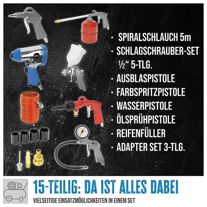 Güde Kompressor 405/10/50 15 TLG - 2.200 W, Max. Druck: 10 bar, 50 l, Schmierung: Ölgeschmiert - 15-teiliges Druckluftwerkzeug-Set mit Schlagschrauber, Spiralschlauch, Ausblas-, Farb-, Wasser-, Ölspritzpistole, Reifenfüller und Adapter.