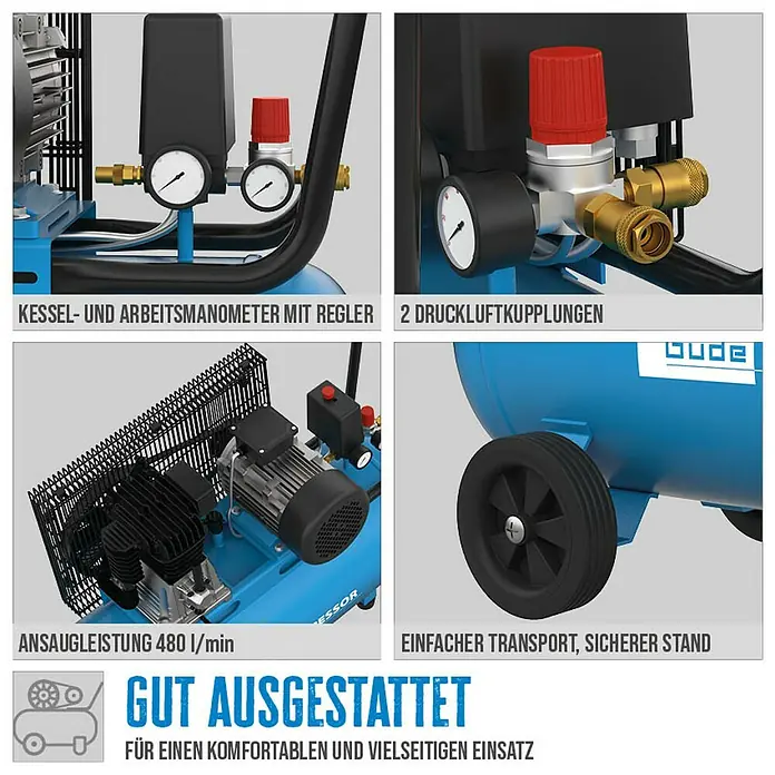 Güde Kompressor 580/10/100 H/ 400V - 3.000 W, Max. Druck: 10 bar, 100 l, Schmierung: Ölgeschmiert - Blauer Luftkompressor mit Manometern, Regler, zwei Druckluftkupplungen und robusten Transporträdern.