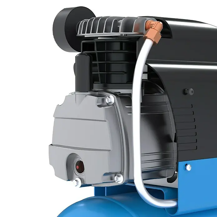 Güde Kompressor 231/10/24 - 1.500 W, Max. Druck: 10 bar, 24 l, Schmierung: Ölgeschmiert - Nahaufnahme einer blau-schwarzen Luftkompressor-Pumpeinheit mit weißem Schlauch und Kupferanschluss.