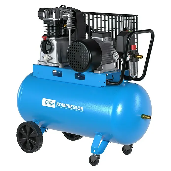 Güde Kompressor 700/10/100 - 4.000 W, Max. Druck: 10 bar, 100 l, Schmierung: Ölgeschmiert - Blauer mobiler Luftkompressor mit schwarzen Rädern, Motor, silbernem Kompressorkopf, Manometern und schwarzem Griff.