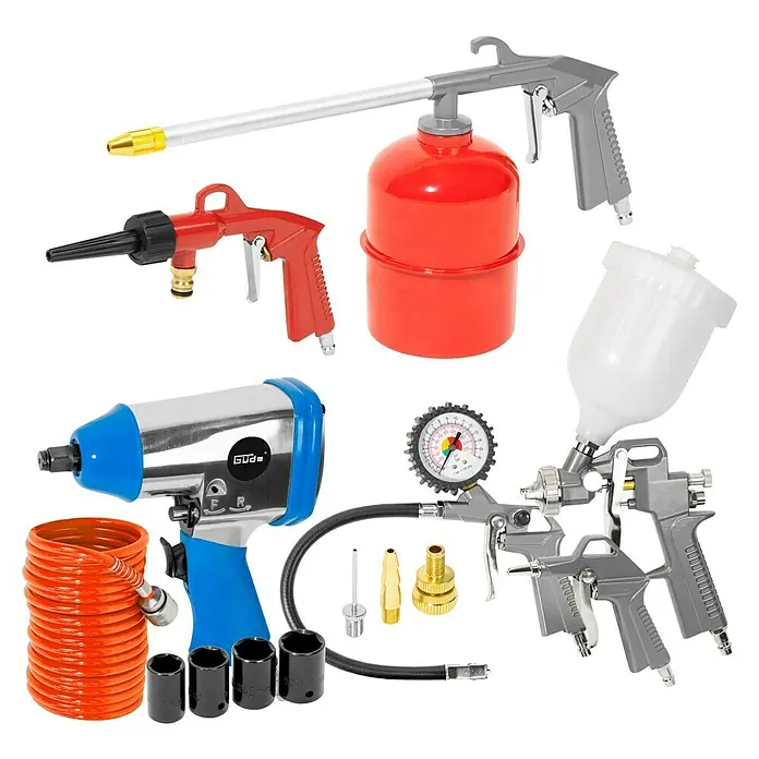 Güde Kompressor 405/10/50 15 TLG - 2.200 W, Max. Druck: 10 bar, 50 l, Schmierung: Ölgeschmiert - Vielseitiges Druckluftwerkzeug-Set mit Schlagschrauber, Spritzpistolen, Luftpistolen, Schlauch, Nüssen und Zubehör.