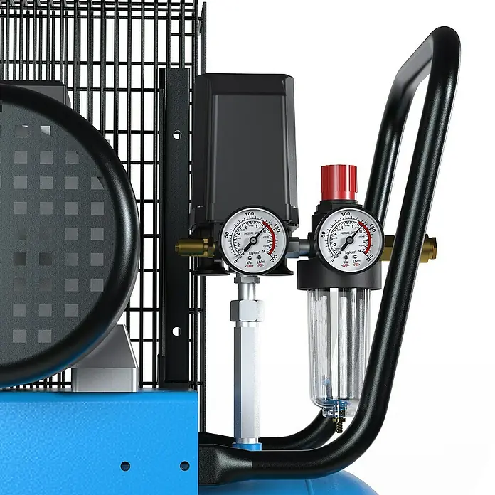Güde Kompressor 700/10/100 - 4.000 W, Max. Druck: 10 bar, 100 l, Schmierung: Ölgeschmiert - Nahaufnahme einer Kompressor-Steuerung mit zwei Manometern, Filter/Regler, schwarzem Schaltkasten, Griff und blauem Tankteil.