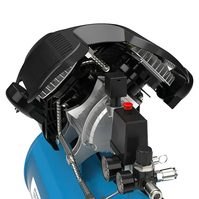Güde Kompressor 405/10/50 15 TLG - 2.200 W, Max. Druck: 10 bar, 50 l, Schmierung: Ölgeschmiert - Blauer Luftkompressor mit schwarzem Gehäuse, Manometern und rotem Steuerschalter.