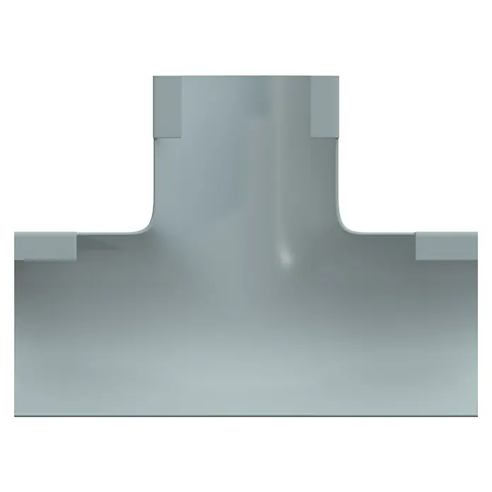 D-Line Kabelkanal-Zubehörkit - Weiß, Passend für: D-Line Kabelkanal 20 x 10 mm - Abbildung eines T-Stücks aus grauem Kunststoff, das in Sanitäranlagen und Rohrleitungen verwendet wird, mit glatten, abgerundeten Übergängen für optimalen Durchfluss.