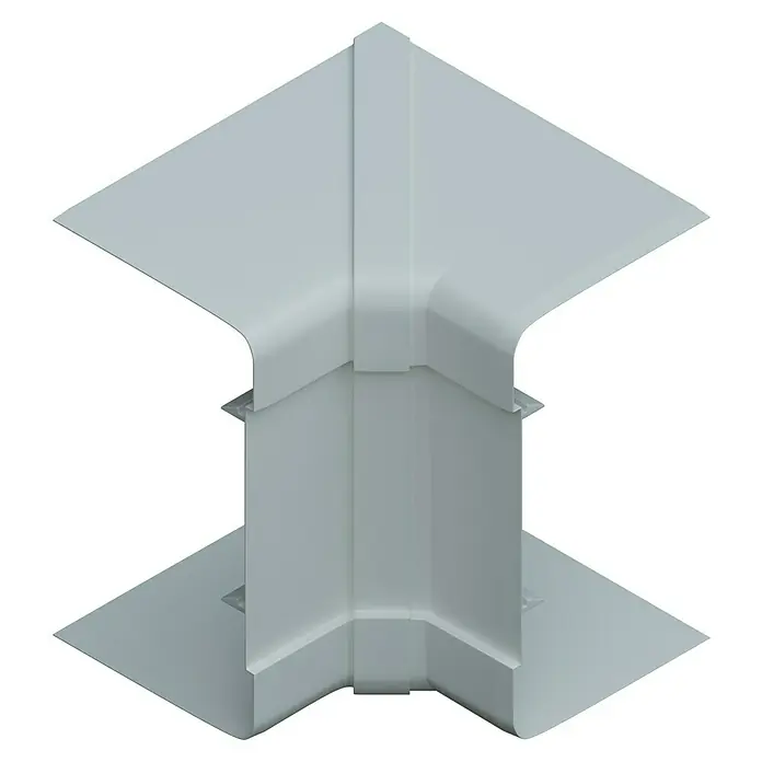 Inneneck-Profil - Passend für: Brüstungskanal BR 70 x 130 mm, Reinweiß - Detailaufnahme einer Dachrinne Eckverbindung in hellem Grau, die die saubere Verarbeitung und Funktionalität des Produkts hervorhebt.