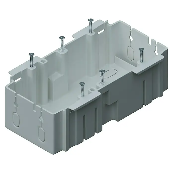 Einbaudose BR - Weiß, 2-fach, Passend für: Brüstungskanal BR 70 - Detaillierte Ansicht einer weißen Unterputzdose mit Befestigungsschrauben, ideal für Elektroinstallationen und sichere Verbindungen.