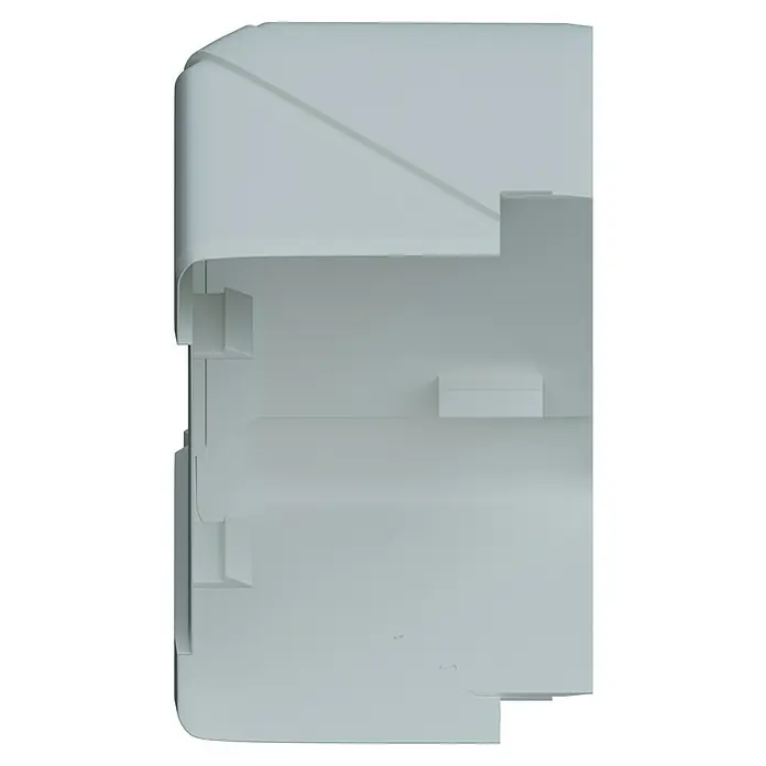 Außeneck BR 70 - Passend für: Brüstungskanal BR 70 x 130 mm, Reinweiß - Nahaufnahme eines weißen Kühlschrankfachs, das ein sauberes Design und Funktionalität für die Lagerung von Lebensmitteln zeigt.