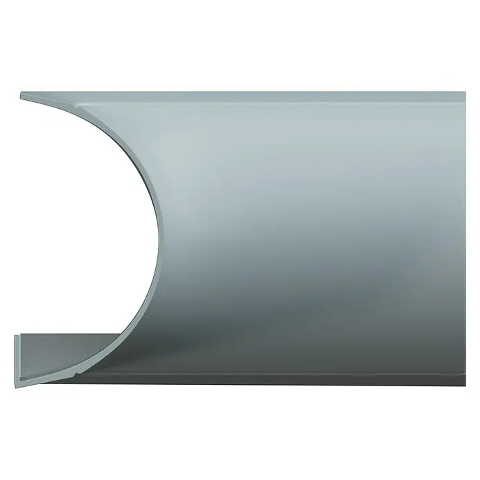 D-Line Kabelkanal-Zubehörkit - Weiß, Passend für: D-Line Kabelkanal 20 x 10 mm - Das Bild zeigt ein silbernes, gebogenes Abschlussprofil, das elegant und modern wirkt und sich ideal für Innenausbau eignet.
