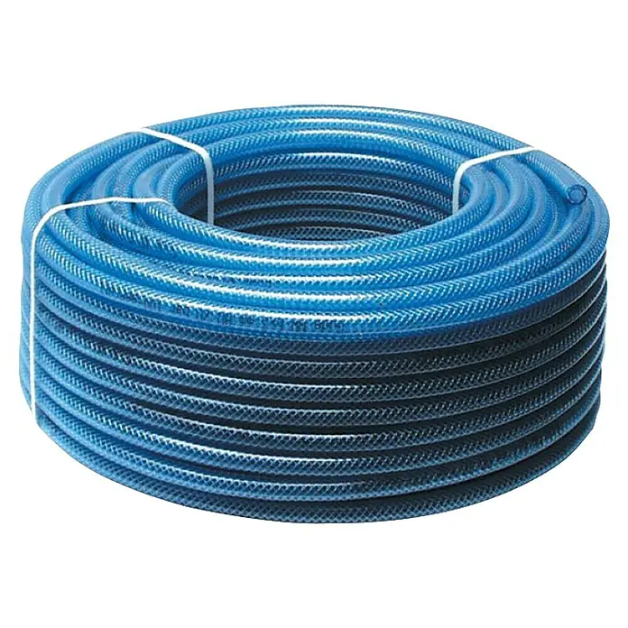 Güde Druckluftschlauch - Schlauchdurchmesser: 6 mm, Schlauchlänge: 50 m - Aufgerollter blauer verstärkter Schlauch, mit weißen Bändern gesichert.